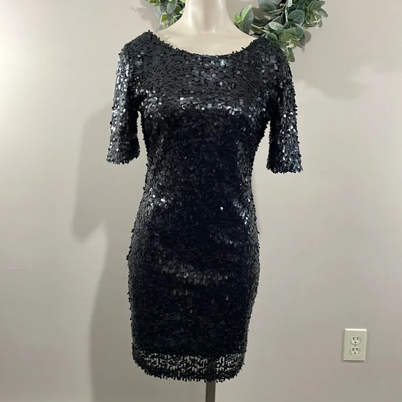 Ark & Co Black Sequin Scoop Back Shirt Sleeve Dress S - Picture 1 of 16